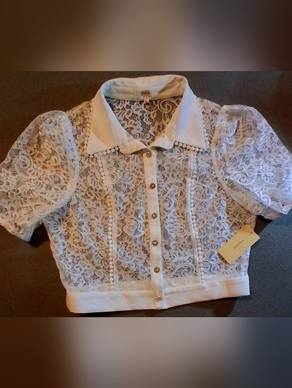White Lace Button-Front Collared Blouse